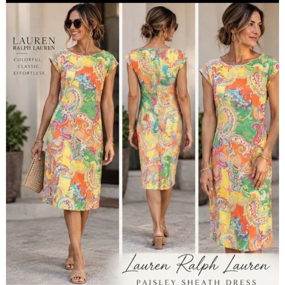 Lauren Ralph Lauren Paisley Sheath Dress Multicolor Knit Stretch S/P Knee
